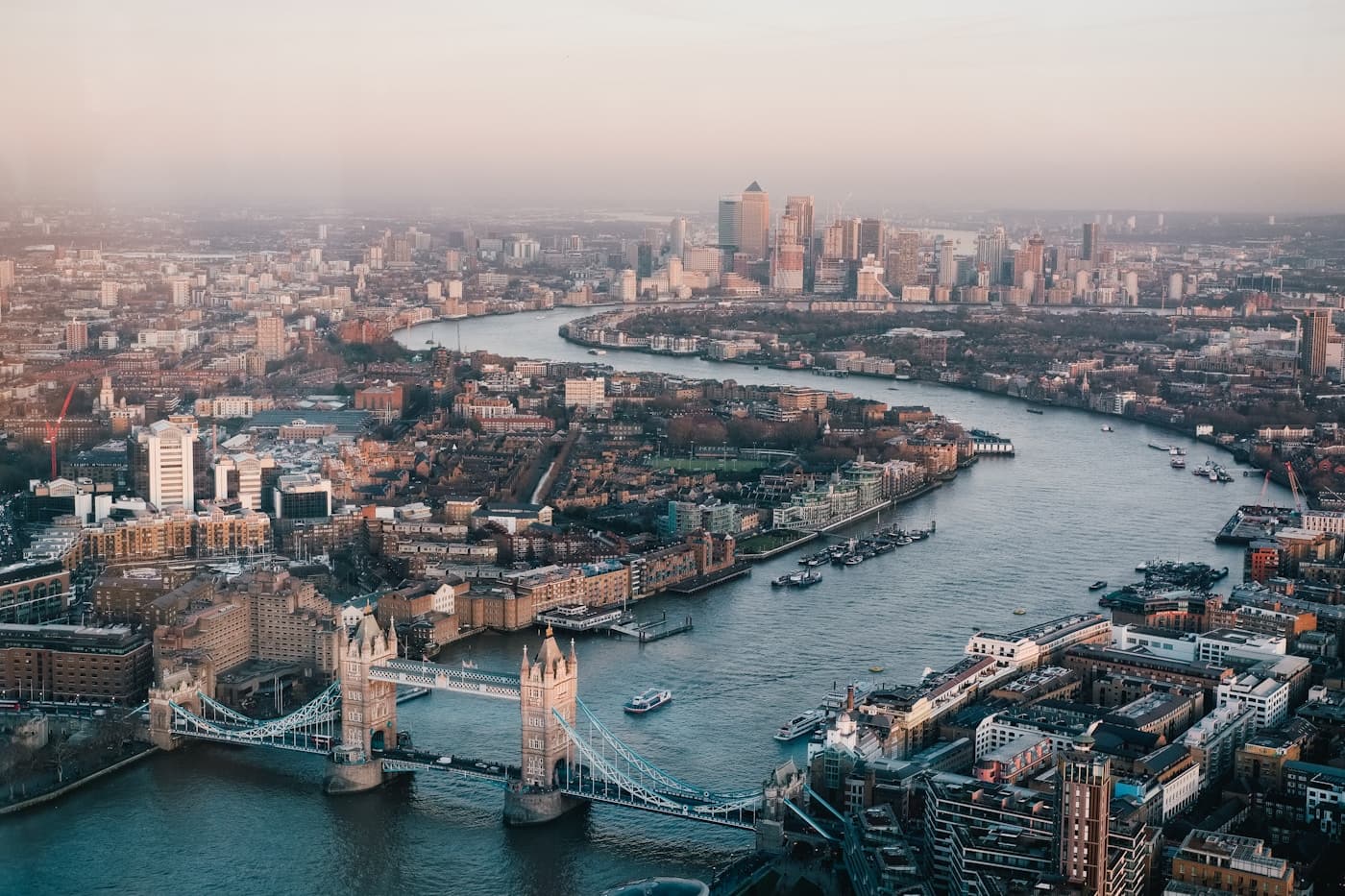 Tower Bridge and the Thames looking toward Canary Wharf